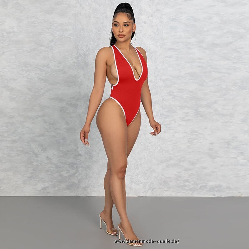 Damen V-Ausschnitt Body Badeanzug Neu in Rot