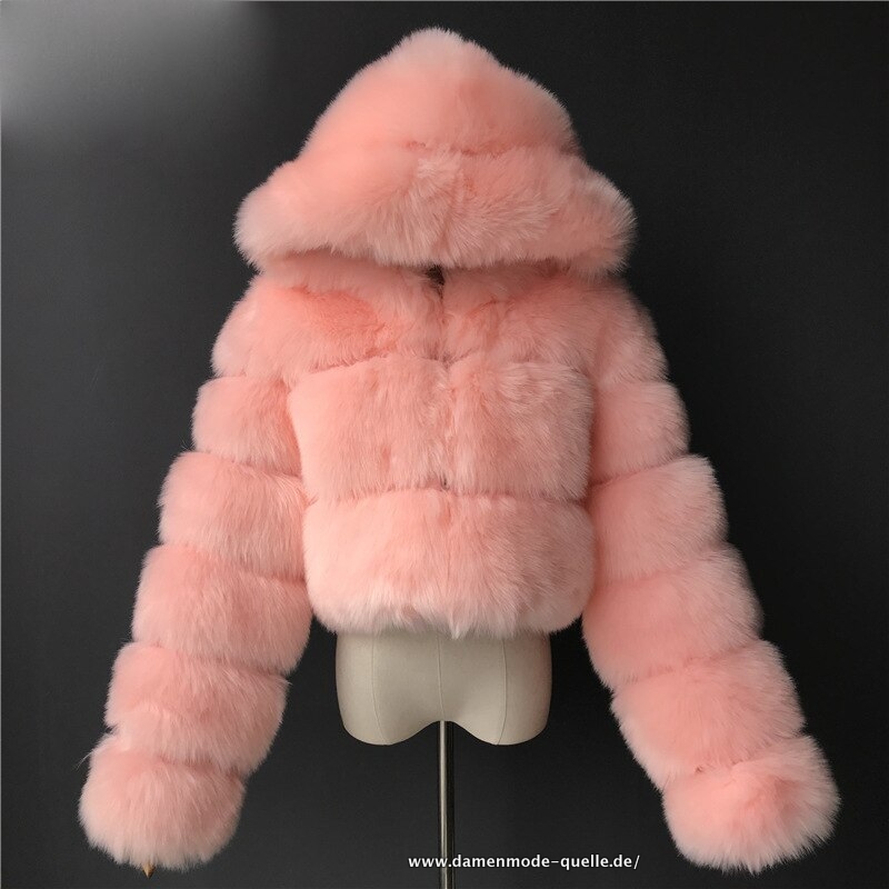 Damen Kunstpelz Jacke mit Kapuze Gerader Kurzmantel Pink