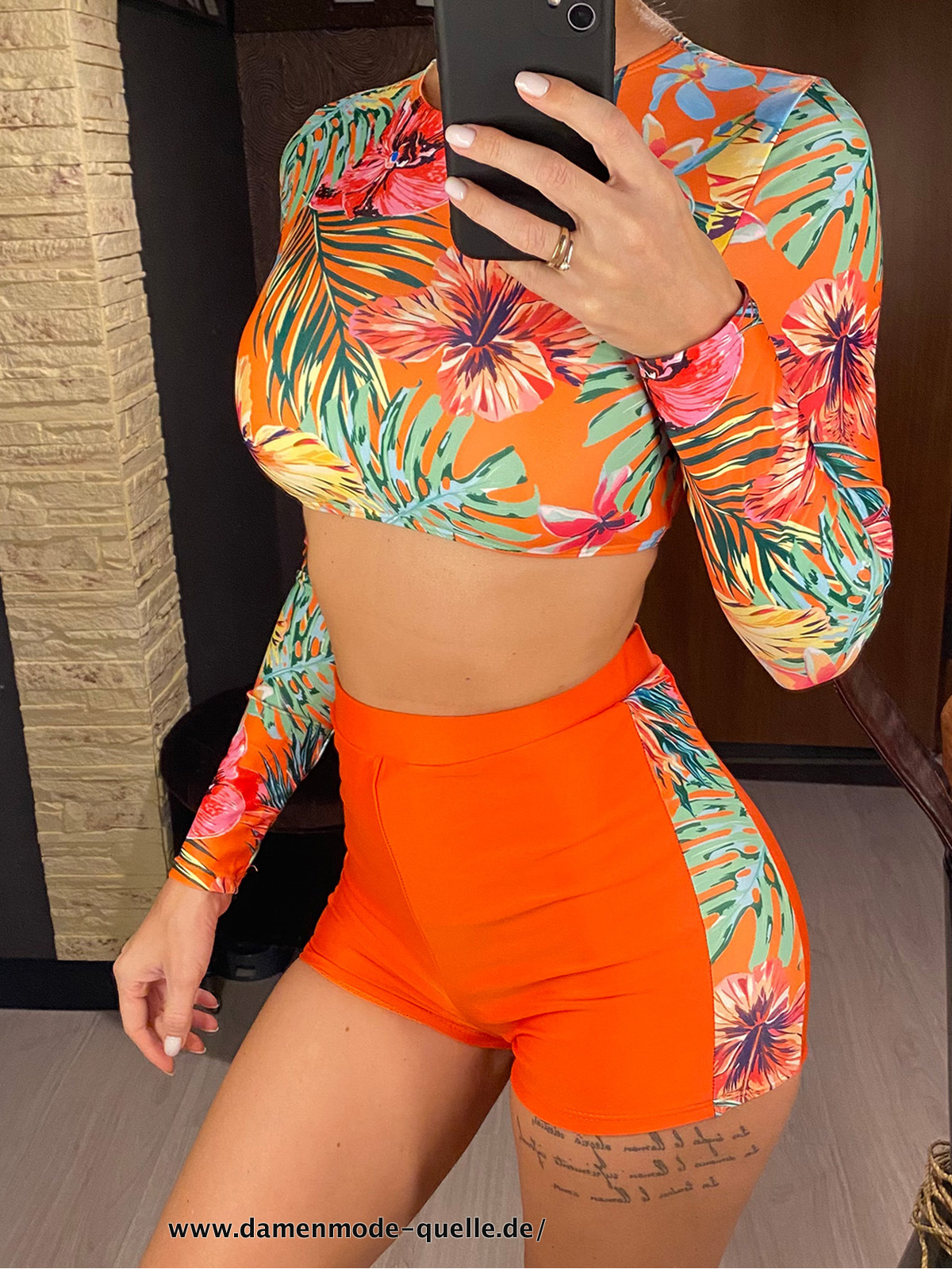 Bedruchter Langarm Badeanzug Hohe Taille Bikini in Orange