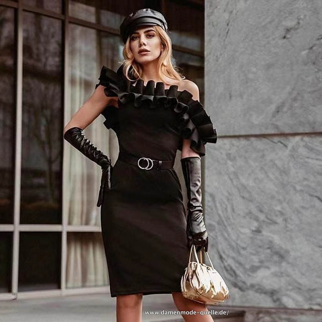 Schulterfreies Sommer Rüschenkleid Schwarz