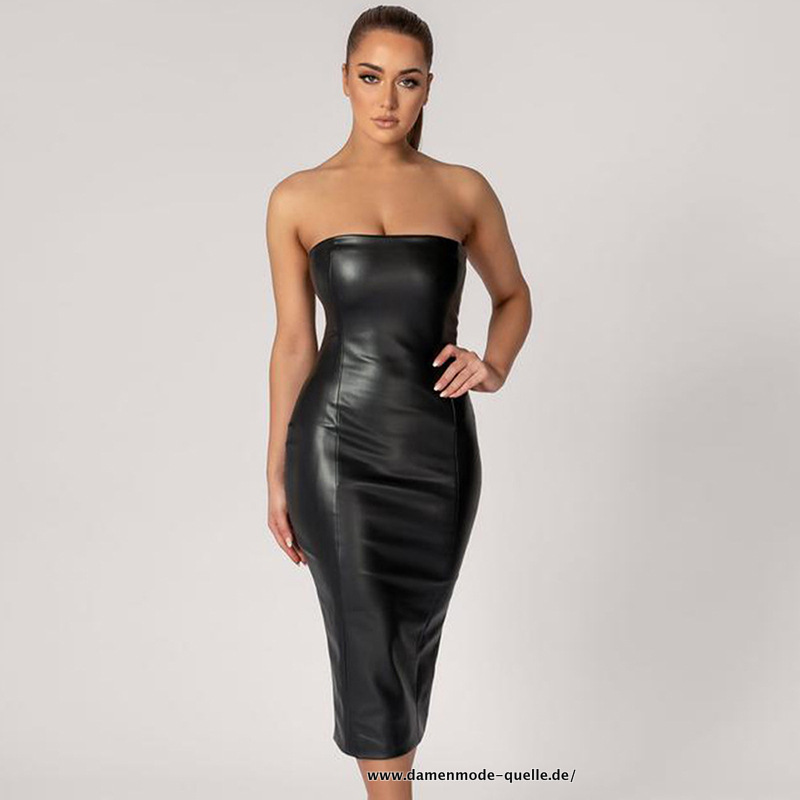 PU Leder Kleid 2023 Damen Clubwear Elegant Sexy Midi Kleid Schwarz