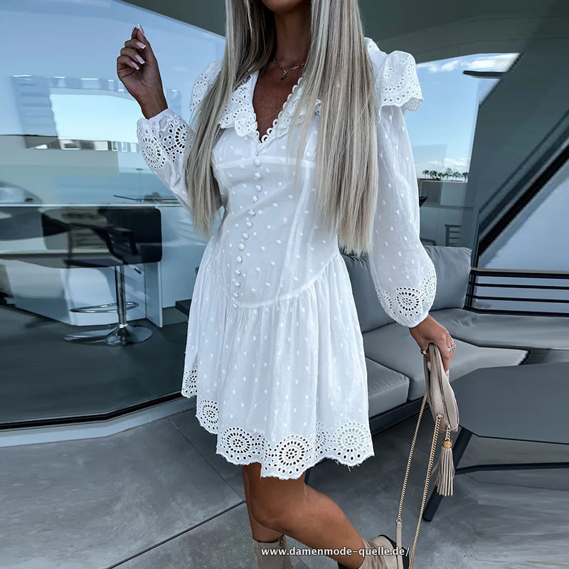 Weiß Stickerei Damen Mini Kleid Sommer Langarm 2023