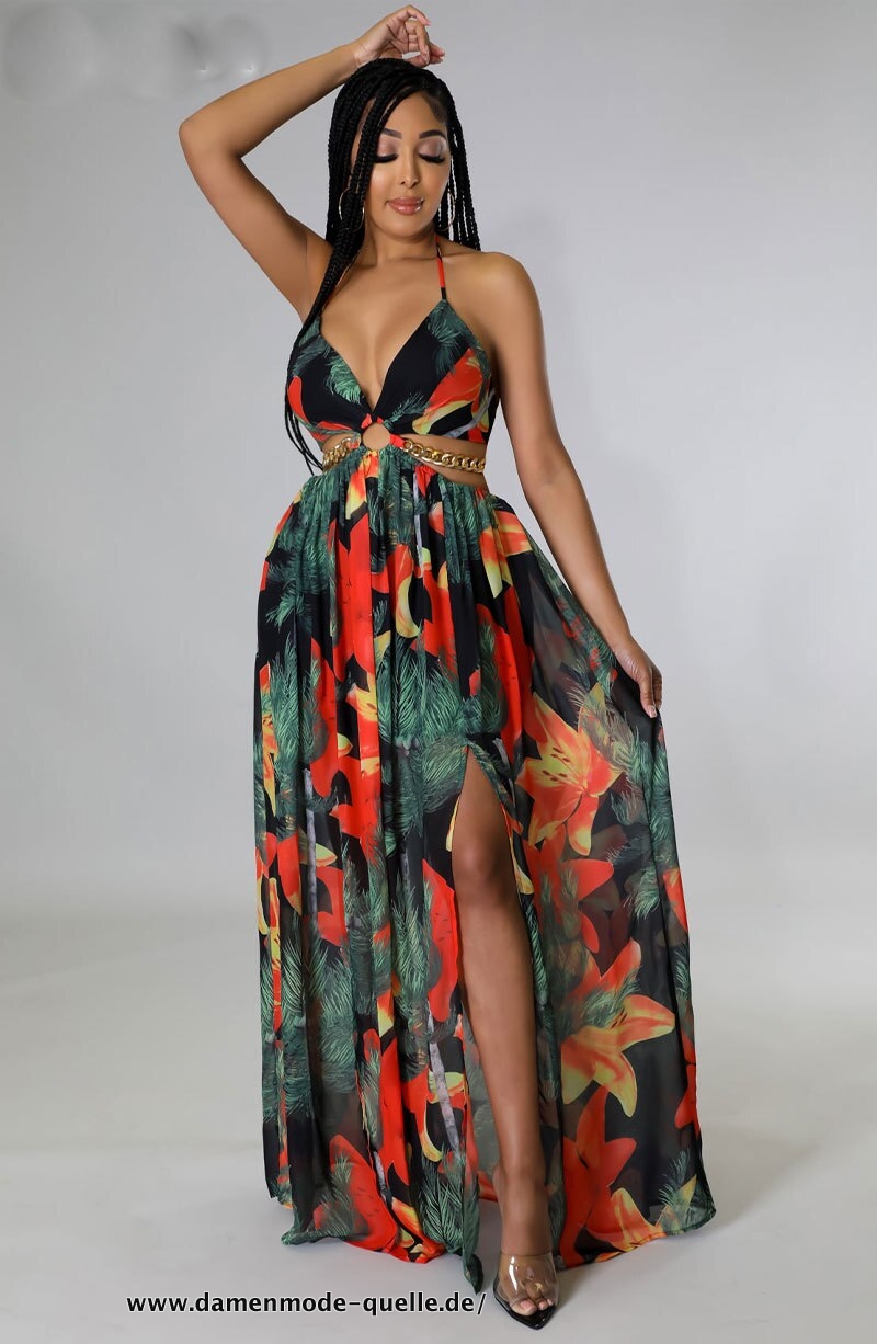 Elegantes Blumenmuster V-Ausschnitt Cut Out Maxikleid Sommer Mode