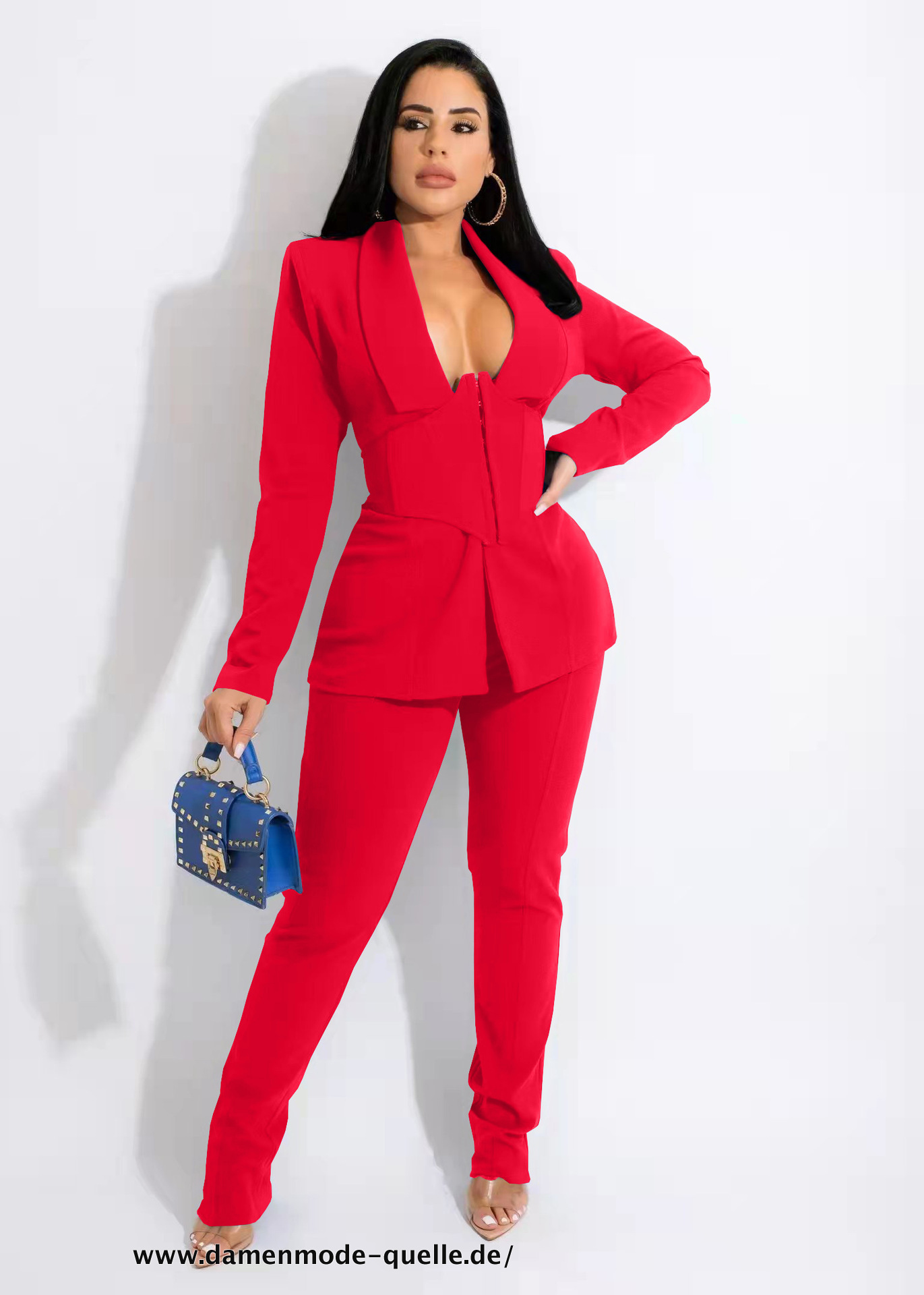 Damen Buisness Blazer mit Gürtel und Hosen Anzug Büro Set Rot