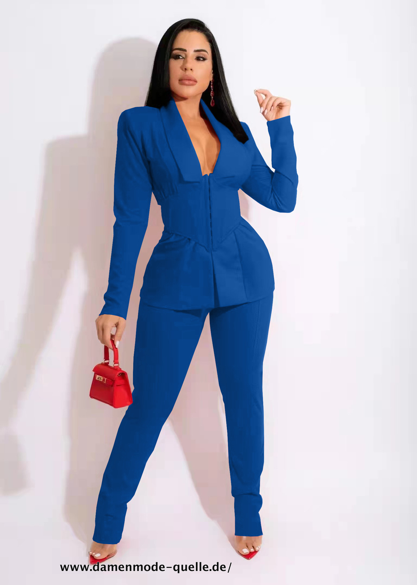 Damen Buisness Blazer mit Gürtel und Hosen Anzug Büro Set Blau