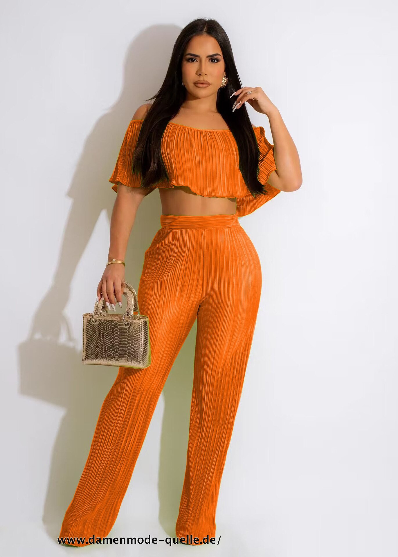 Plissee Set Schmetterlings Crop Top und Gerade Hose Anzug 2023 Set in Orange