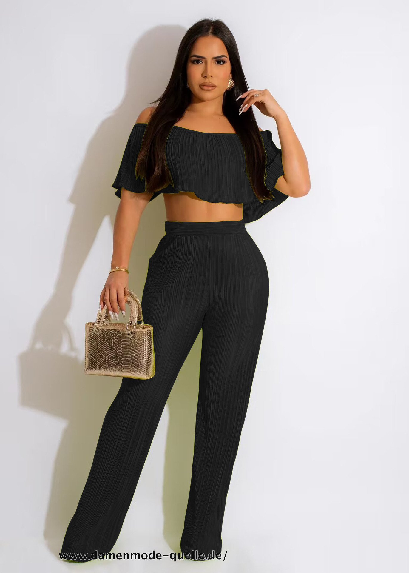 Plissee Set Schmetterlings Crop Top und Gerade Hose Anzug 2023 Set in Schwarz
