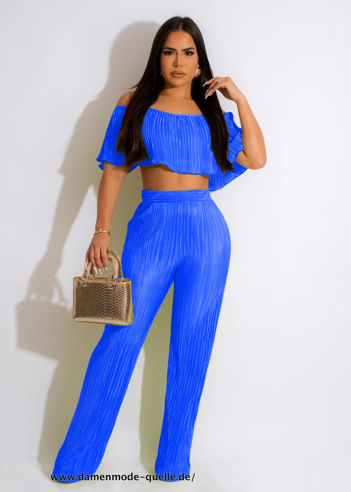 Plissee Set Schmetterlings Crop Top und Gerade Hose Anzug 2023 Set in Blau