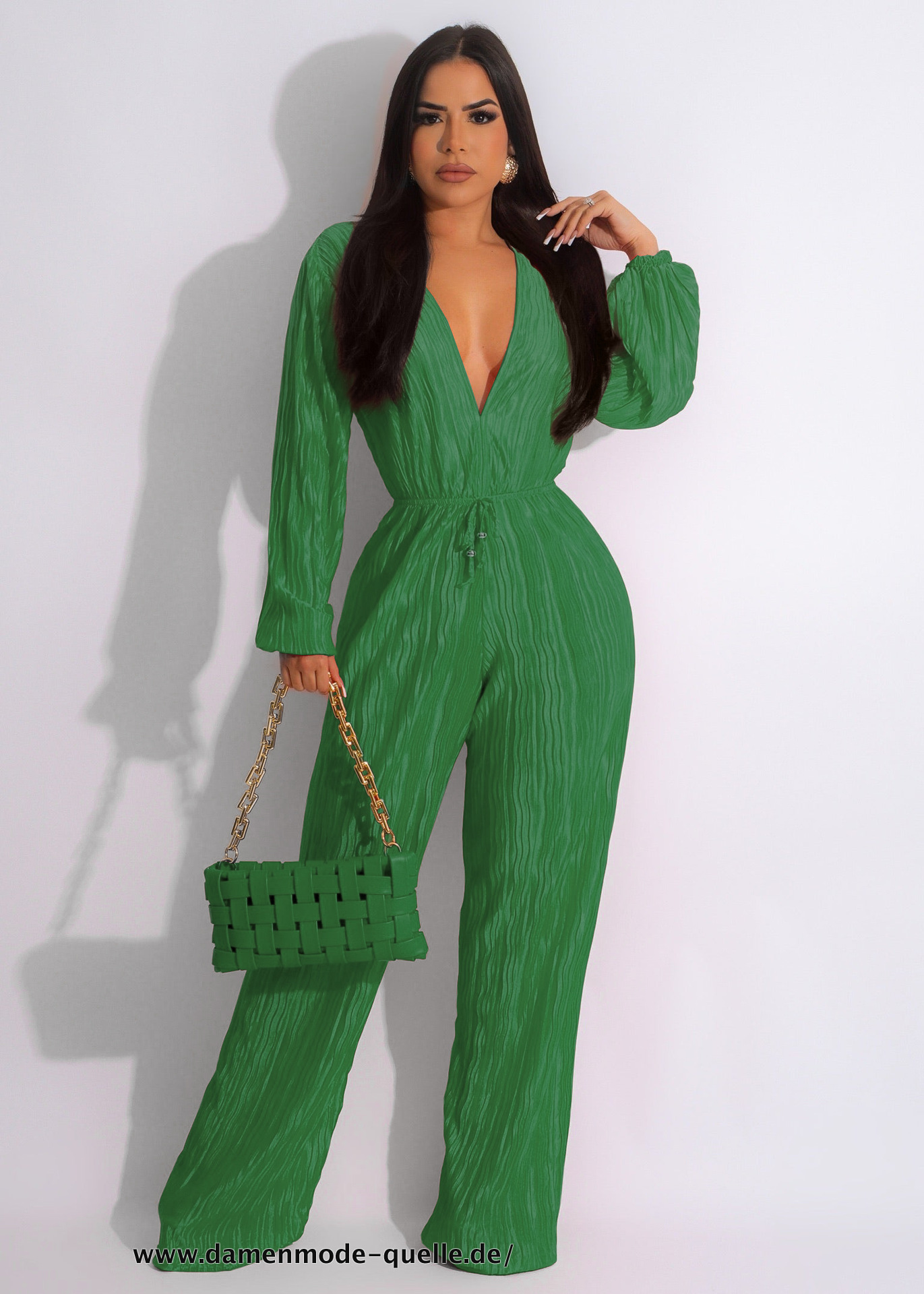 Damen Lange Ärmel mit V-Ausschnitt Elastische Taille Jumpsuit Grün