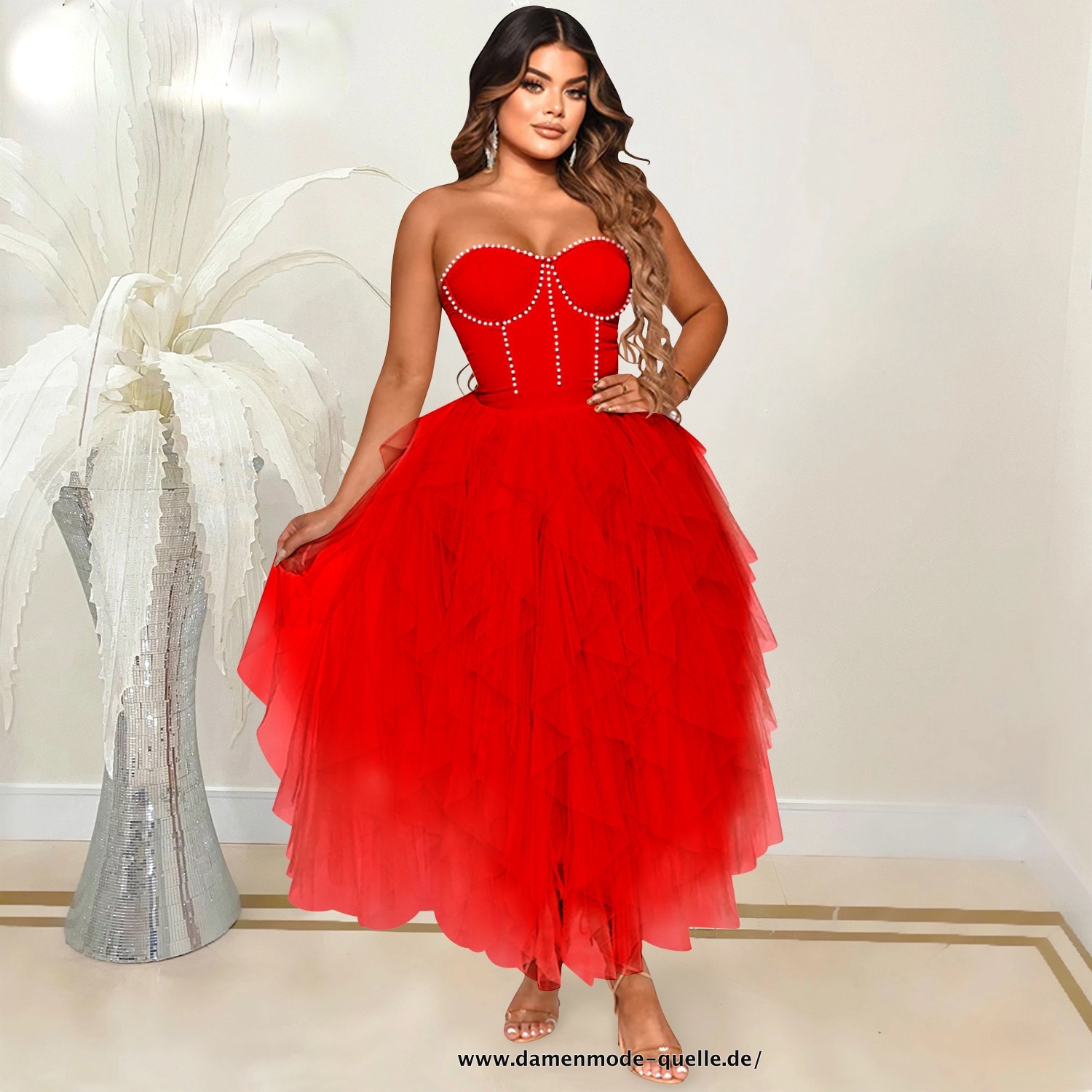 Damen Sexy Party Maxikleider für Strass Rüschen Langes Kleid Rot