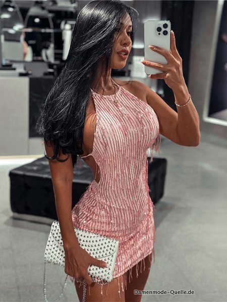 Sexy Neckholder Mini Kleid Outfit für Damen Pink