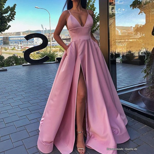Sexy A-Linie Kleid Langes Kleid Damen Einfarbig mit Tiefem-V Ausschnitt Pink