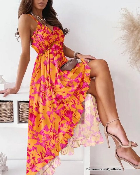 Damen V-Ausschnitt Rüschen Saum Blumen druck asymmetrisches Kleid Sommer Mode 20