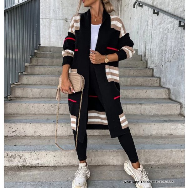 Gestrickte Strickjacke Damen Gestreift Schwarz