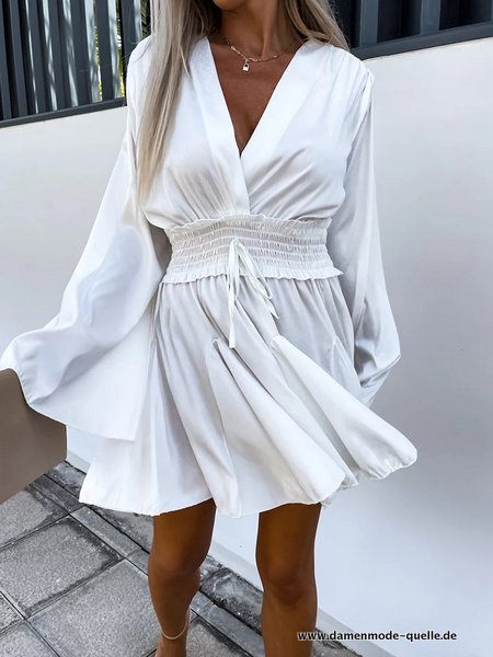 Elastische Taille Damen Mini Rüschen Kleid Langarm Kleid Sommer in Weiß