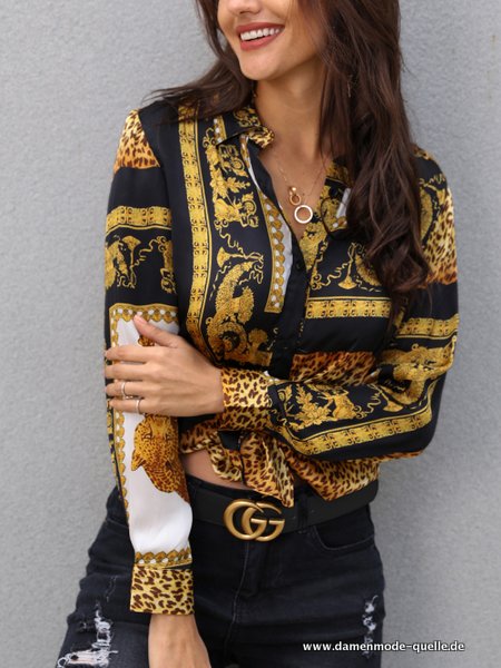 Damen Bluse Leoparden-print Knoten Langarm Bluse