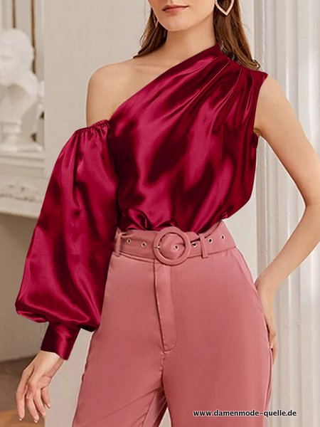 Satin One Shoulder Bluse Elegant Damen Dunkelrot