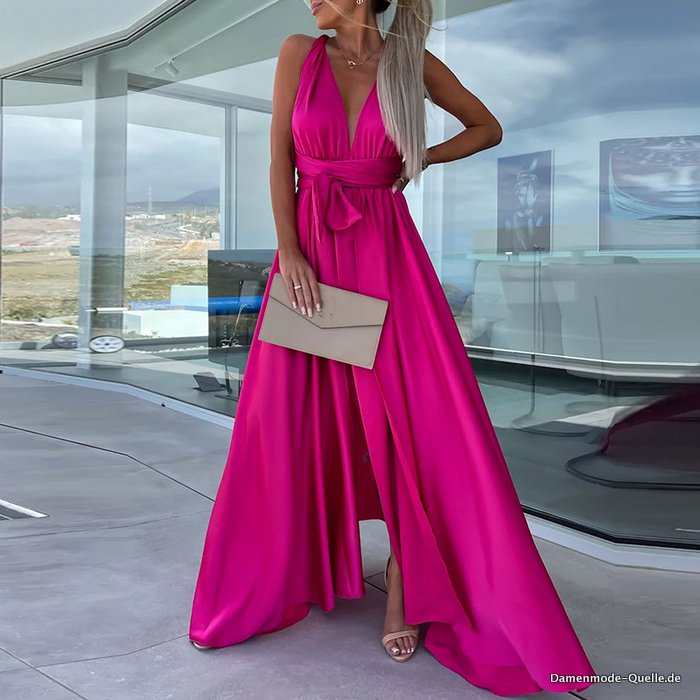 Damen Strandkleid Ärmellos Sexy Tiefer V Ausschnitt in Pink