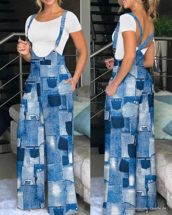 Damen Bedrucktes Breites Bein Strampler Hosen 2023 Sommer Chic Vintage Blau