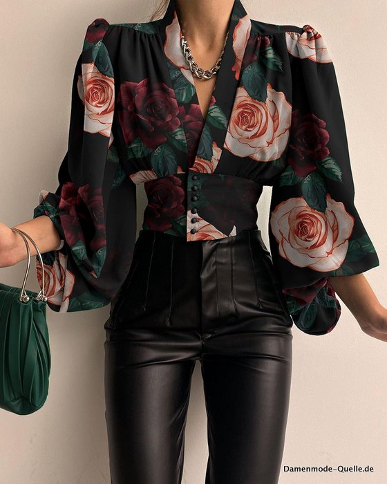 Frühling Große Größen Einreiher Bluse mit Rosenmotiv