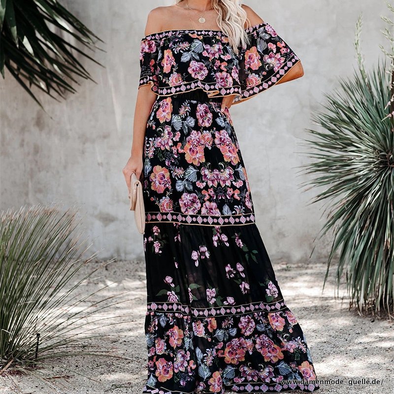 Damen Langer Rock 2023 Sommerkleid mit Blumenmuster Flieder