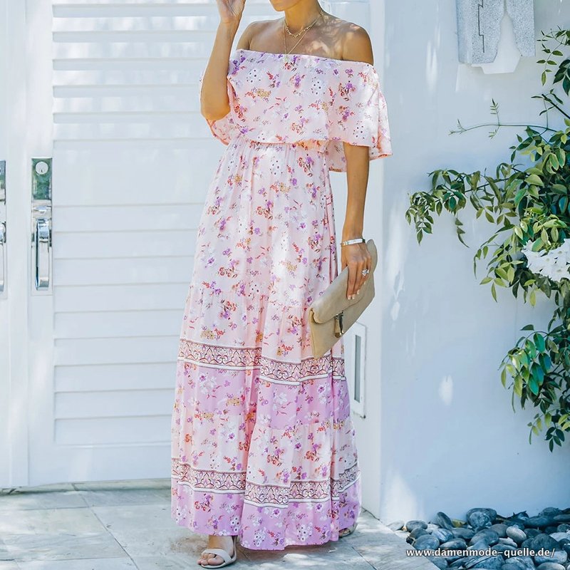 Damen Langer Rock 2023 Sommerkleid mit Blumenmuster mit Blumen in Rosa