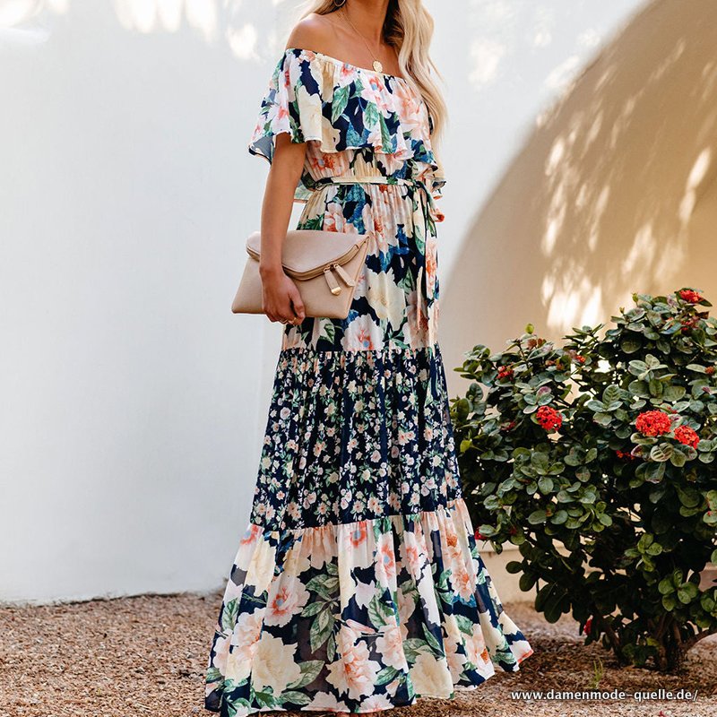 Damen Langer Rock 2023 Sommerkleid mit Blumenmuster Grün