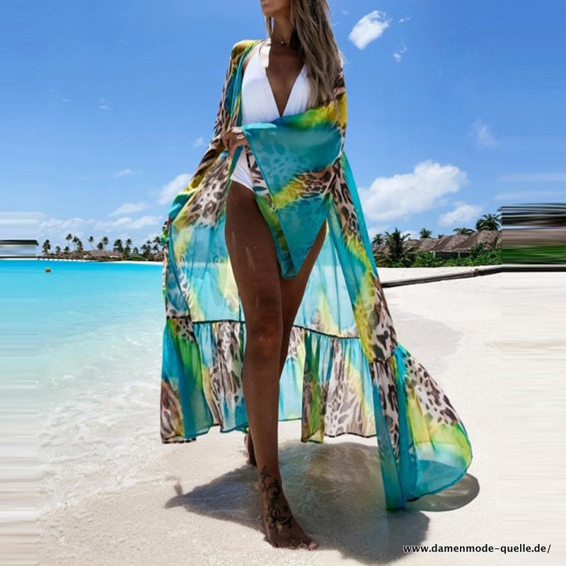 Sommer Licht Kleid Elegantes Damen V-Ausschnitt Leopard Druck Bandage Maxi Kleid