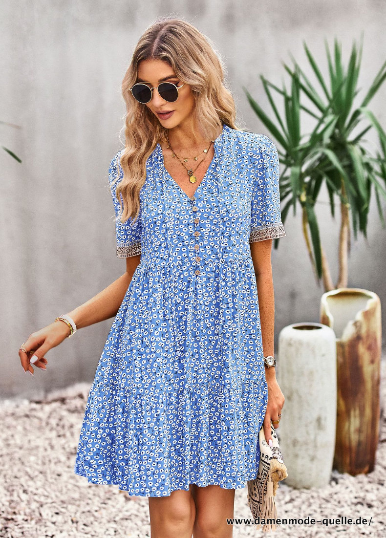 Sommer Nlumenprint Viskose Kleid für Damen Kurzarm Kleid Blau
