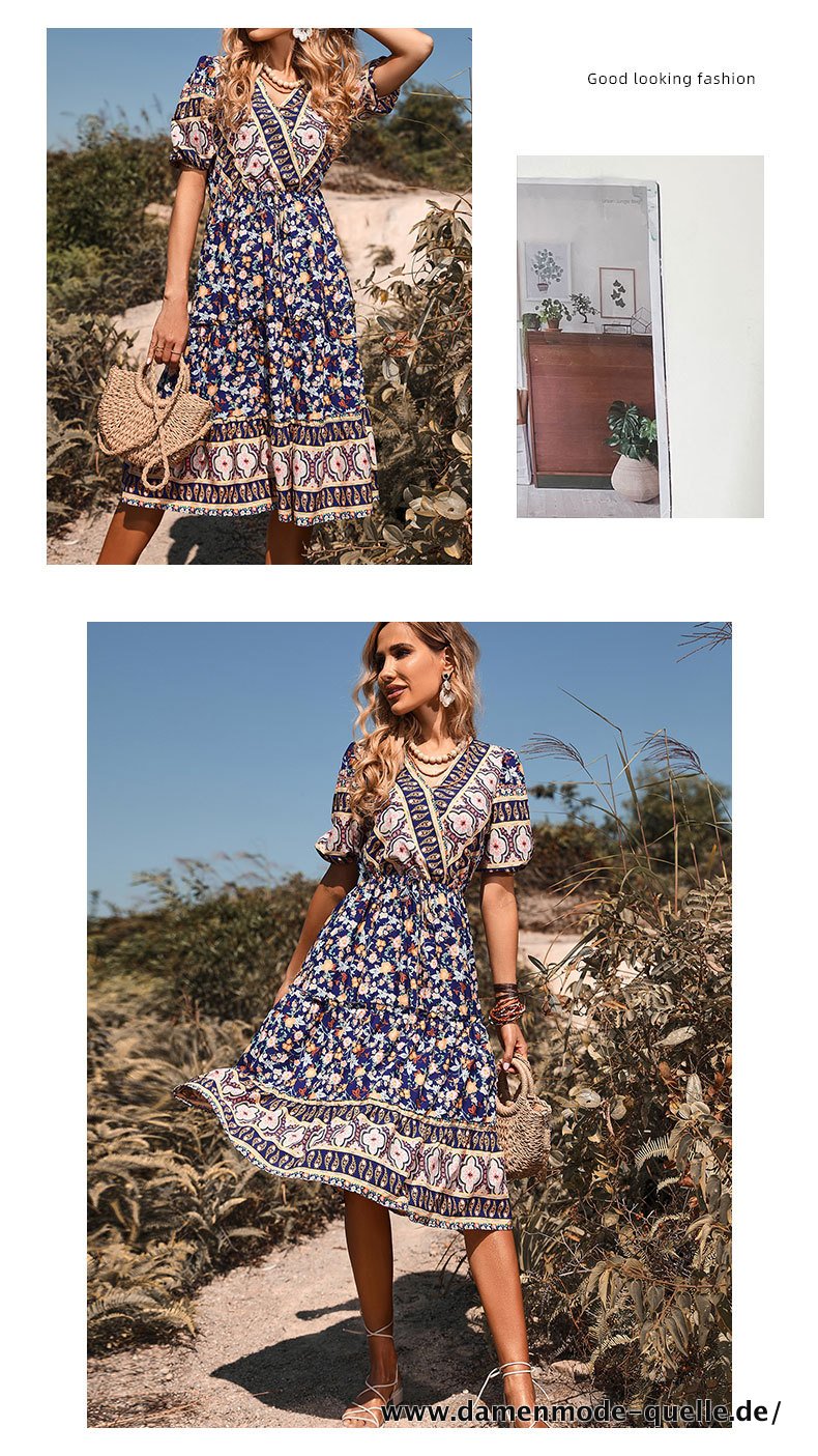 Boho Kleid für Frauen Kurzarm V Ausschnitt Kleid