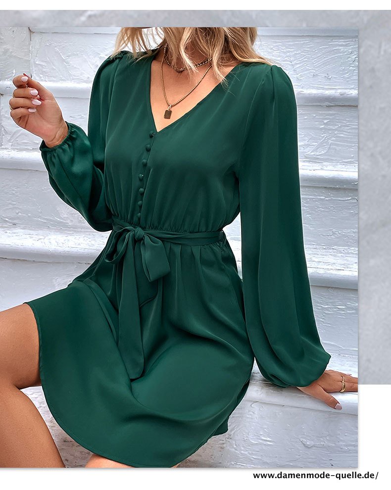 Langarm Kleid für Damen V-Ausschnitt Kurzes Kleid mit Gürtel  Grün