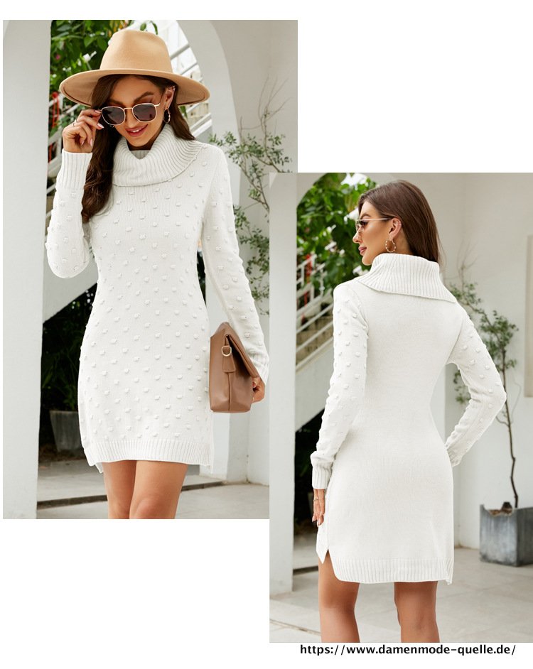 Rollkragen Pullover Kleid Gestrickt Langer Pullover für Damen Weiß