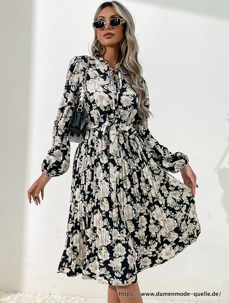 Langarm Midi Plissee Sommerkleid für Damen Vintage 