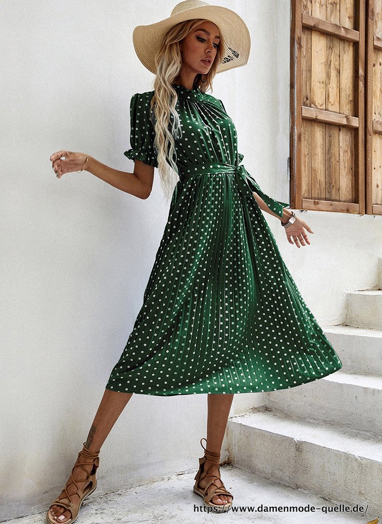 Elegantes Sommer Midi Plissee Kleid für Damen Vintage Kurzarm Grün