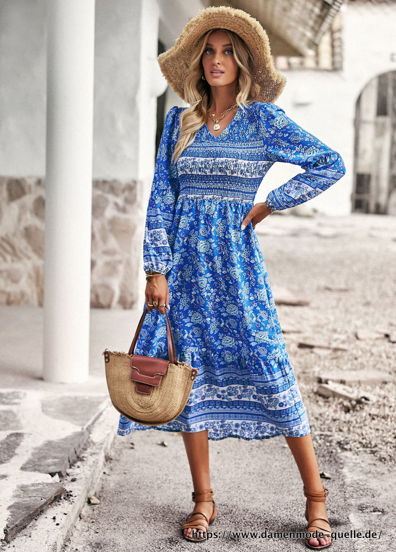 Damen Frühling Sommer Blumenprint Lange Kleid mit Ärmeln 