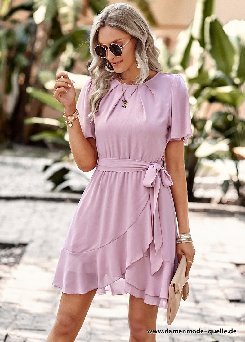 Sommerkleid Damen Kurzarm Rüschen Saum Mini Kleid mit Gürtel Pink