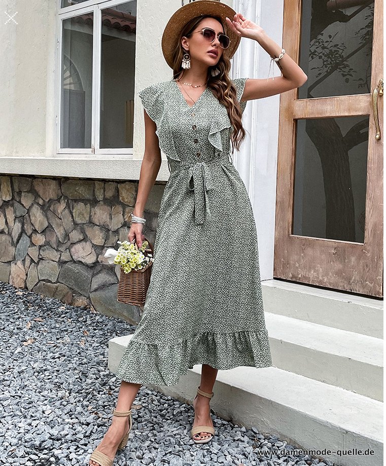 Elegantes mit Hoher Taille Sommer Kleid mit Schärpe Vintage Rüschen 