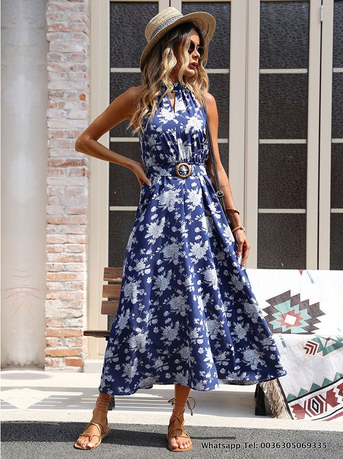 Elegantes Sommer Floral Kleid für Damen 2023 Strand Kleid mit Schärpe 