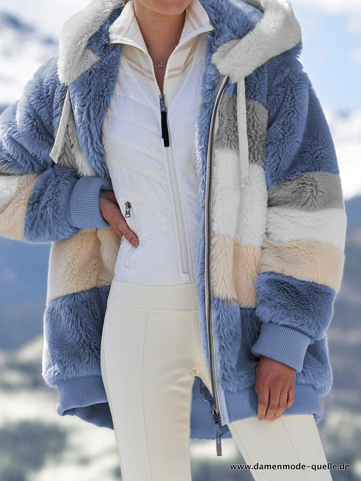 Winter Damen Hooded Zipper Mantel Kaschmir Mantel Blau