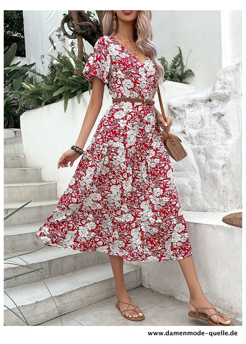 Sommer Kleid Damen Mode Blumendruck Kurzarm Langes Viskose Kleid 