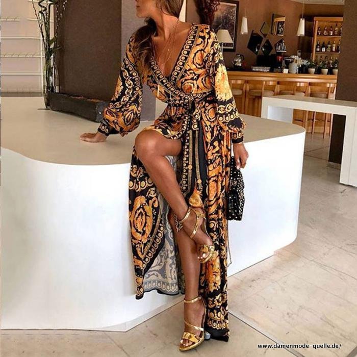 Damen Boho V-Ausschnitt bedruckt Sommerkleid langes Maxi kleid für Sommer