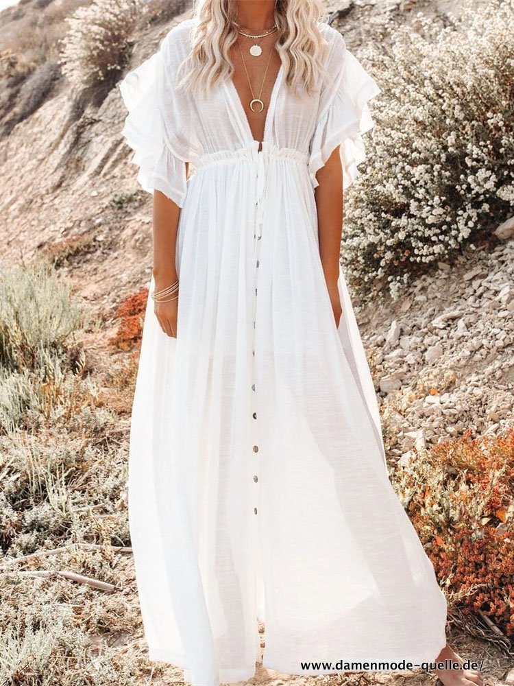 Damen Langes Boho Sommer Kleid mit V-Ausschnitt Sommerkleid Vintage Sexy weiß