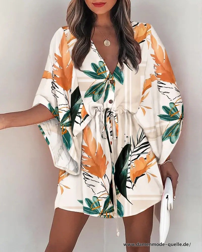 Kurze Sommer Tunika Kleid Beige mit Palmen