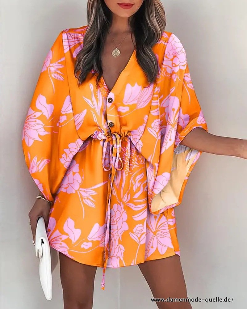 Sommer Tunika Kleid Orange mit Blumen kurz