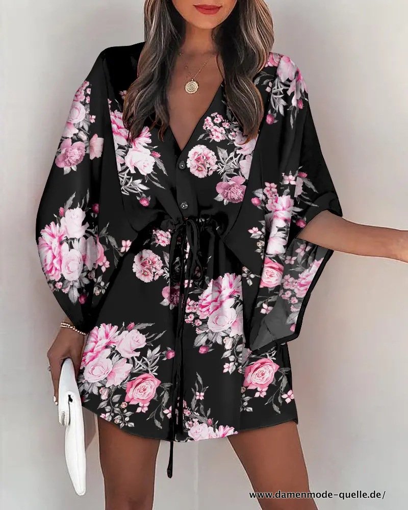 Sommer Tunika Kleid Schwarz mit Blumen kurz