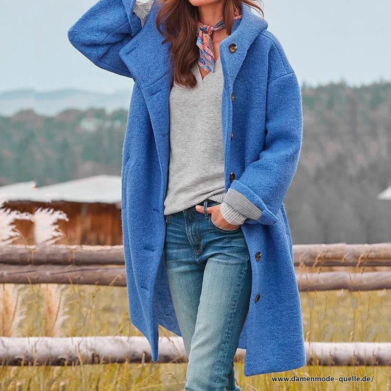 Damen Übergangsjacke aus Wolle mit Kapuze in Blau