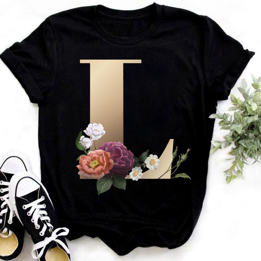 Buchstaben Trend T-shirt Blume Brief Schrift A B C D E F G Kurzarm Top schwarz