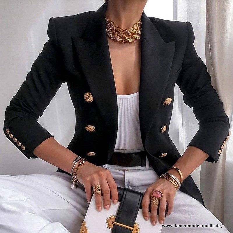 Damen Blazer Langarm Zweireiher Gold Knöpfe Top in Schwarz