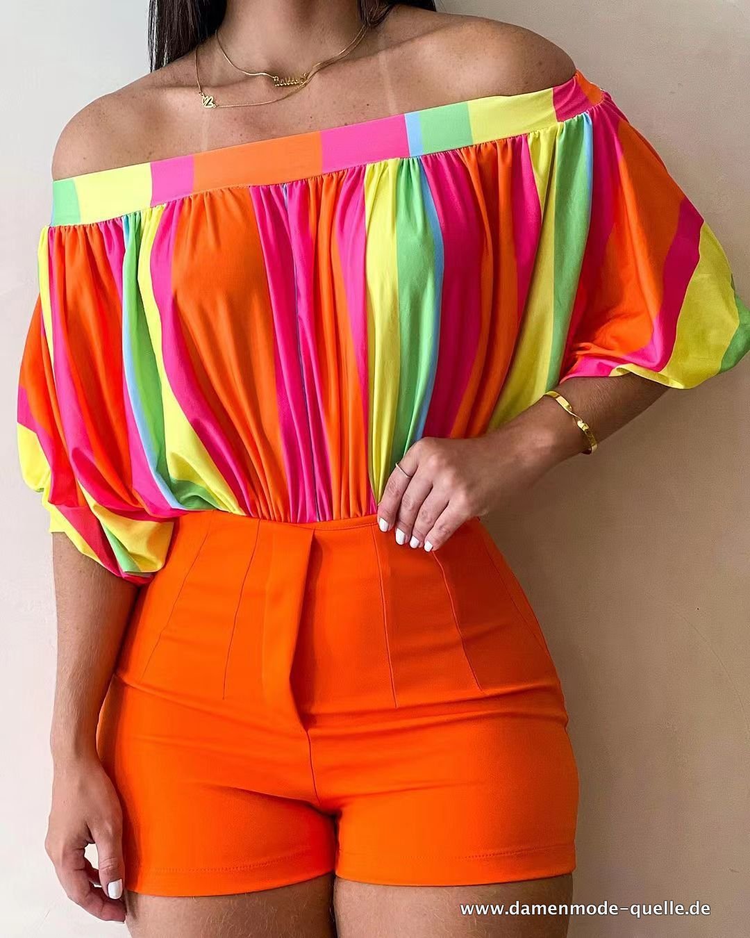 Damen Sommer Schulterfreies Boho Crop Top Orange Gelb