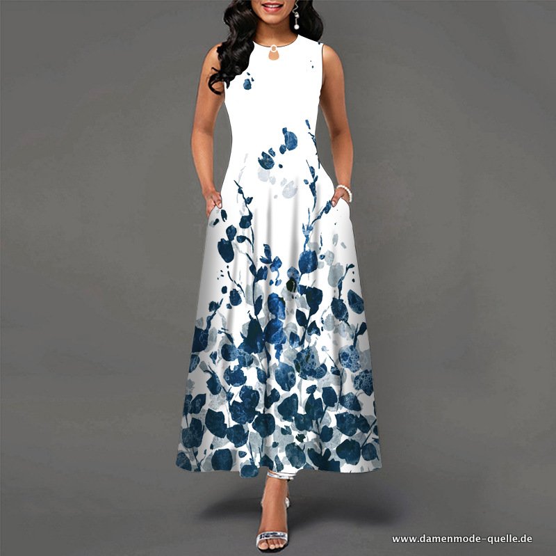 Bedrucktes Elegantes Kleid für Damen Sexy Hohe Taille Ärmelloses Kleid Blau Weiß
